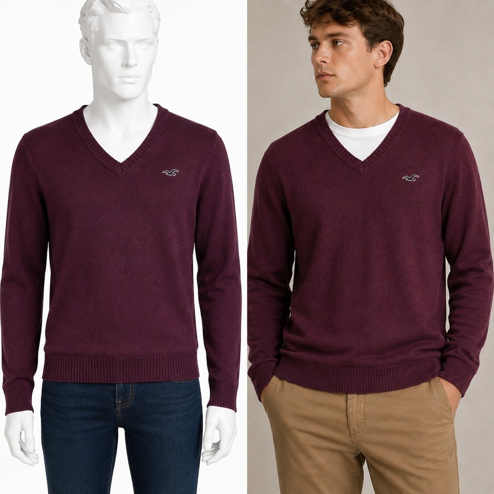 Hollister V-Neck Sweater Mens Medium Burgundy Red Knit Seagull Logo Long Sleeve